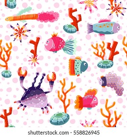 Marine SEAMLESS pattern with fishes, crab, underwater fauna