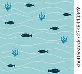 marine seamless pattern with fishes and ocean waves