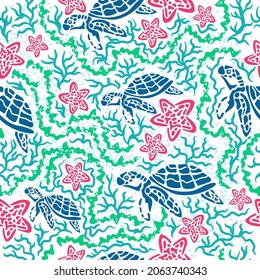 Marine Seamless Pattern Floating Turtles Among Stock Vector (Royalty ...