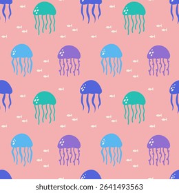 Marine seamless pattern with funny jellyfish on pink background. Abstract vector ornament with cute underwater animals.
