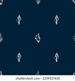 Marine seamless pattern, geometric mesh, small elements. A white hand-drawn sketch on dark blue background. Shells in doodle style. Modern vector illustration for scrapbooking, fabrics, wrapping paper