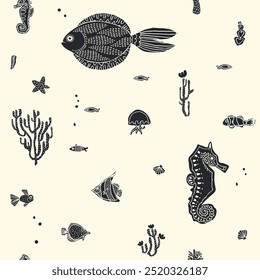 Marine seamless pattern. Graphic background of silhouette sea creatures.