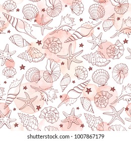 Marine seamless pattern from hand drawn vector sea shells and stars. Nautical illustration of shellfish with watercolor spots on white background.