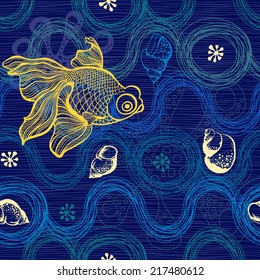 Marine seamless pattern. Hand drawn vector illustration with seashells,fish and starfish.