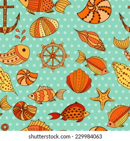 Marine seamless pattern. Hand drawn pattern with fishes, anchors and shells.