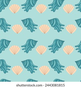 Marine seamless pattern, hand drawn sea shells. Summer background. Vector set for design in sea beach style. Blue exotic underwater. Fashionable pattern for wrapping paper, wallpaper, stickers