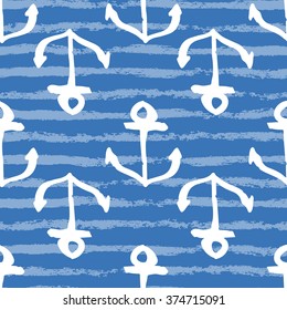 marine seamless pattern with hand drawn white large anchors, textured blue stripes