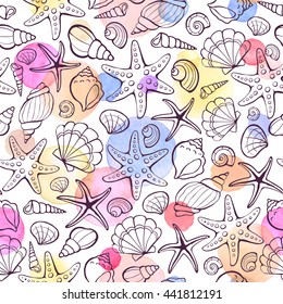 Marine seamless pattern from hand drawn sea shells and stars. Nautical illustration of shellfish with watercolor spots on white background. 
