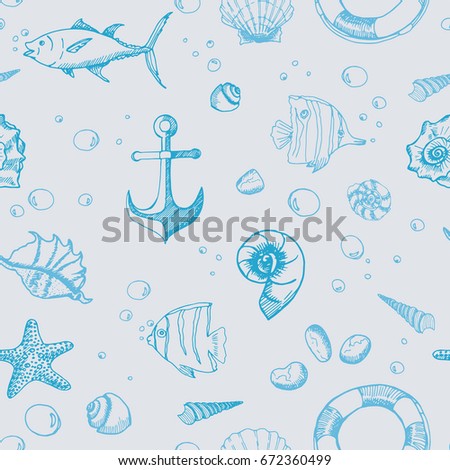 Marine seamless pattern. Hand drawn sea elements. Anchor, fishes and shells pattern for wrapping paper design.