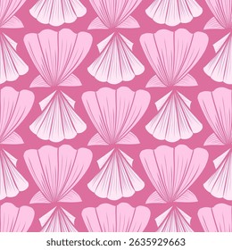 Marine seamless pattern with hand-drawn seashells in checkered grid in soft pink palette in girly coastal style for packaging, textiles, wrapping, stationery, decorative designs, etc.