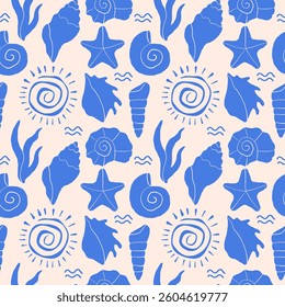 Marine seamless pattern with hand-drawn shells, seaweed