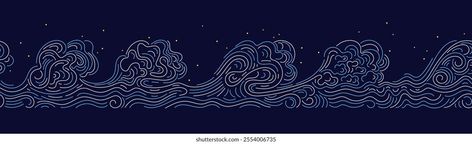 Marine seamless pattern. High waves in oriental style. One thin lines graphic border. Sketch art horizontal strip. Vector storm on night backdrop. Fabric classic monochrome textile. Cloud, sea
