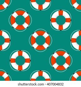 Marine seamless pattern with the image of a life buoy. Flat style.