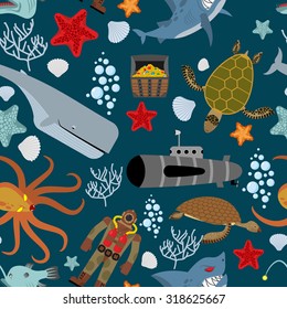 Marine seamless pattern. Inhabitants of  ocean. Keith and aquatic turtle. Diver and submarine. Corals and starfish. Treasure chest and angry shark. Kraken Octopus. Vector background.