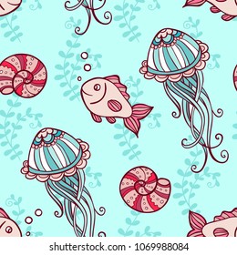 Marine seamless pattern with jellyfish and fish on a green background.  Hand drawn vector illustration.