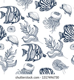 marine seamless pattern, jellyfish, tropical fish and seaweed vector