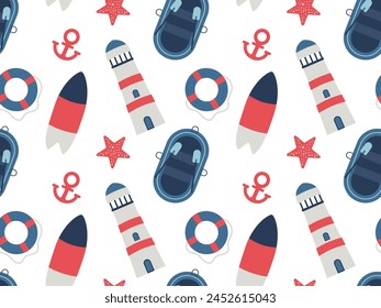 Marine seamless pattern with lighthouse, starfish, boat on a transparent background. Vector illustration for print, textile, wrapping paper.
