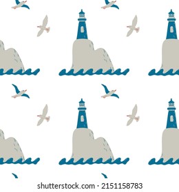 Marine seamless pattern with lighthouse, stones, waves and seagulls in a vector flat style. Sea illustration for print, background, wallpaper, fabric, textile.