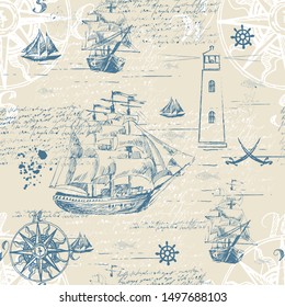 Marine seamless pattern with lighthouse, wind rose and sailboats. Hand drawing. Vector imag