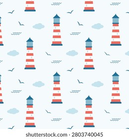 Marine seamless pattern with lighthouses seagulls and clouds on light background for summer beach vacation textile ornament commercial graphic