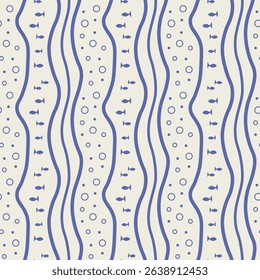 Marine seamless pattern with little fish. Abstract sea life with blue waves and bubbles on beige background. Mediterranean illustration style.