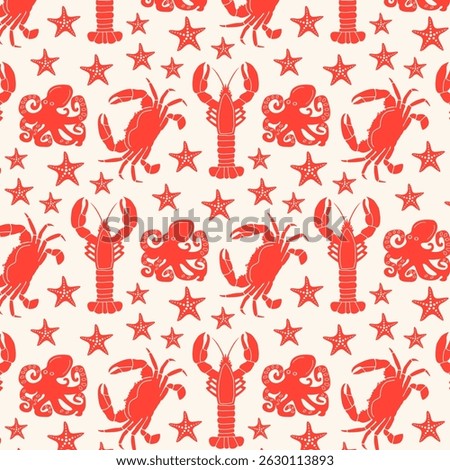 Marine seamless pattern with lobster, crab and octopus in retro style. Marine background. Vector.