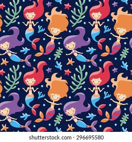 Marine seamless pattern with mermaids and seaweed