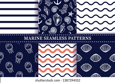 Marine seamless pattern in modern style. Summer beach concept. Textile design texture. Vector background. 