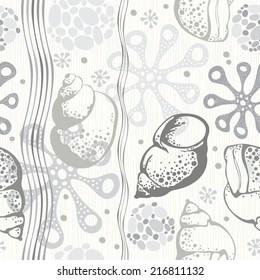 Marine seamless pattern. Monochrome hand drawn vector illustration with seashells and starfish.