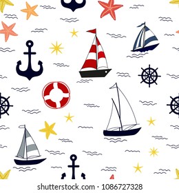 Marine seamless pattern with nautical elements on white background