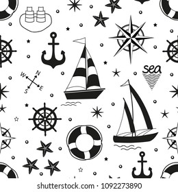 Marine seamless pattern with nautical elements on white background