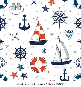 Marine seamless pattern with nautical elements on white background