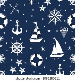 Marine seamless pattern with nautical elements on blue background