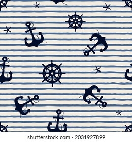 Marine seamless pattern with nautical elements on blue and white striped background