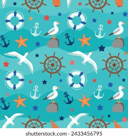 Marine seamless pattern nautical objects on turquoise background. Summer repeat design Coastal life sea motifs - seagull, starfish, life belt, anchor, helm. Cartoon waves turquoise teal blue backdrop.