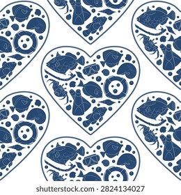 Marine seamless pattern with objects in the shape of a heart. Isolated vector objects.