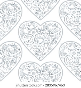 Marine seamless pattern with objects in the shape of a heart. Isolated vector objects.