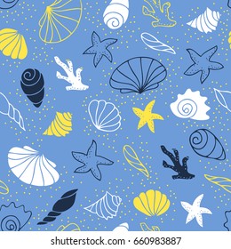 Marine seamless pattern. Ocean shells and corals in the water.
