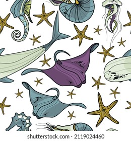 Marine seamless pattern. Ocean. Vector illustration of animals. Mammals. Marine life. Printing on fabric, wallpaper and design. A hand-drawn picture.