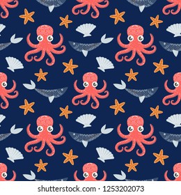 Marine seamless pattern, octopus, fish, shell. Vector