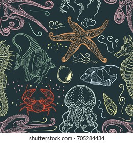 Marine seamless pattern. Octopus, medusa, seahorse, starfish, fish, crab.