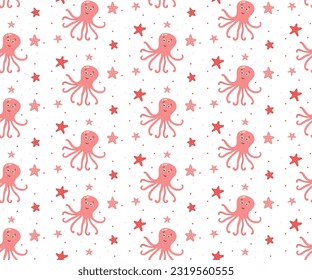 Marine seamless pattern with octopus and starfish. Vector cartoon background for nursery fabric, paper, decor, toys and clothes. Cute baby illustration in pastel colors.