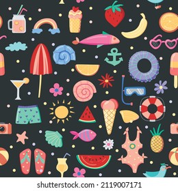Marine seamless pattern on a dark background. Cute summer icons. Tropical holidays. Summer beach. Hand drawn. Vector illustration.