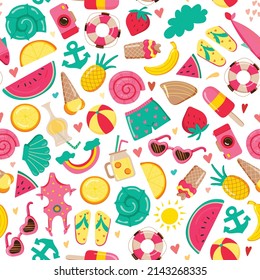 Marine seamless pattern on a white background. Cute summer icons. Tropical holidays. Summer beach. Hand drawn. Vector illustration.