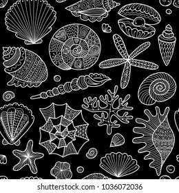 Marine seamless pattern, ornate seashells for your design