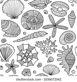 Marine seamless pattern, ornate seashells for your design