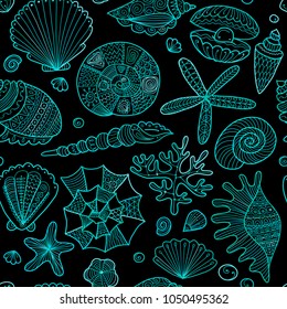 Marine seamless pattern, ornate seashells for your design
