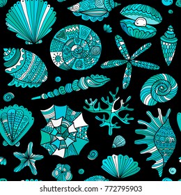 Marine seamless pattern, ornate seashells for your design. Vector illustration