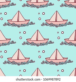 Marine seamless pattern with paper ship floating on the waves. Hand drawn vector background.