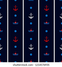 Marine seamless pattern with paper ships and anchors.Summer blue vector background.Textile texture.
